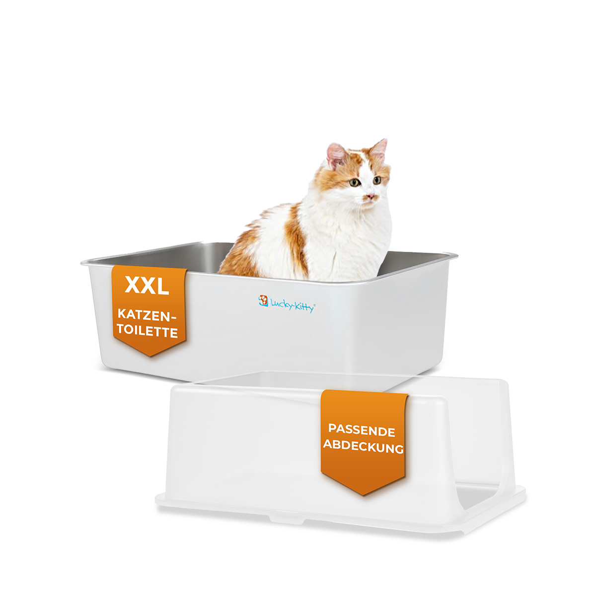 Lucky Kitty XXL Katzentoilette mit Haube – Edelstahl, Weiß