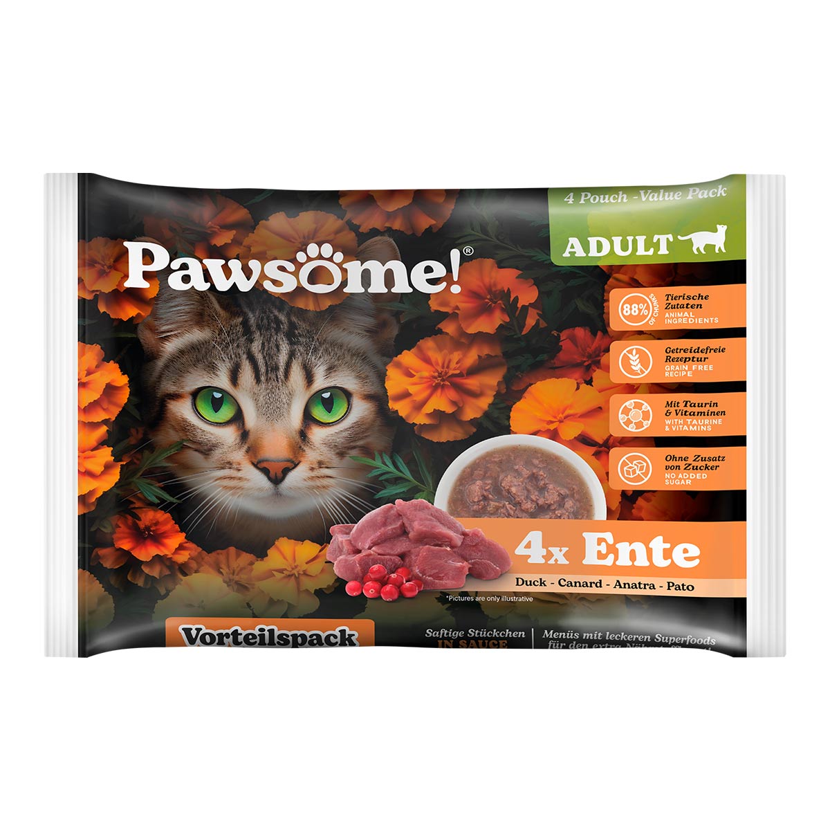 Pawsome Adult Ente Flowpack 4x85g